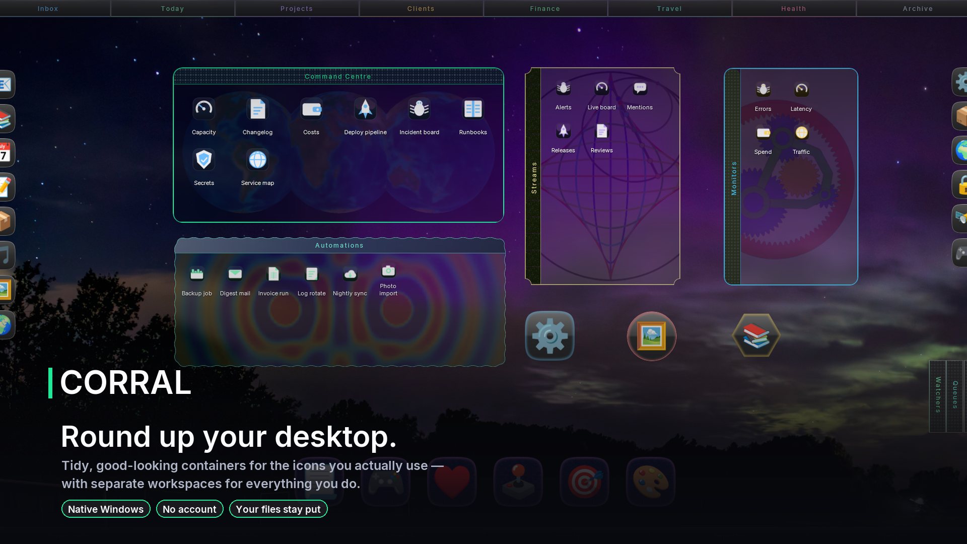 A Windows desktop organized with Corral: docked runs of containers along the top and
              bottom, icon tiles down both edges, and panels of files in the middle.